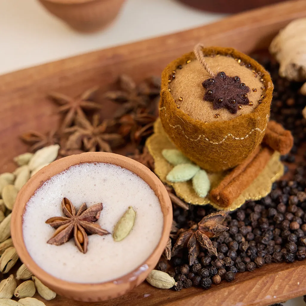 Masala Chai Ornament – Handmade Felt Cup with Beaded Spices