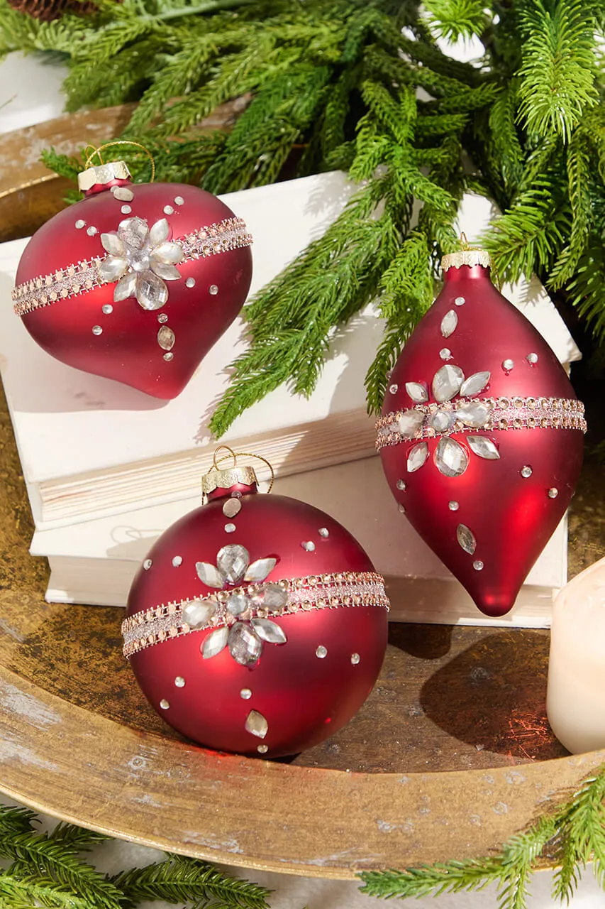 Matte Red Gem Ornament Multicolor 5.5'H Glass Set of 3