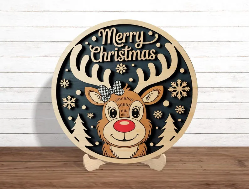 Merry Christmas Girl Reindeer Sign – Cute Wooden Holiday Door Hanger –  Woodenjupiter