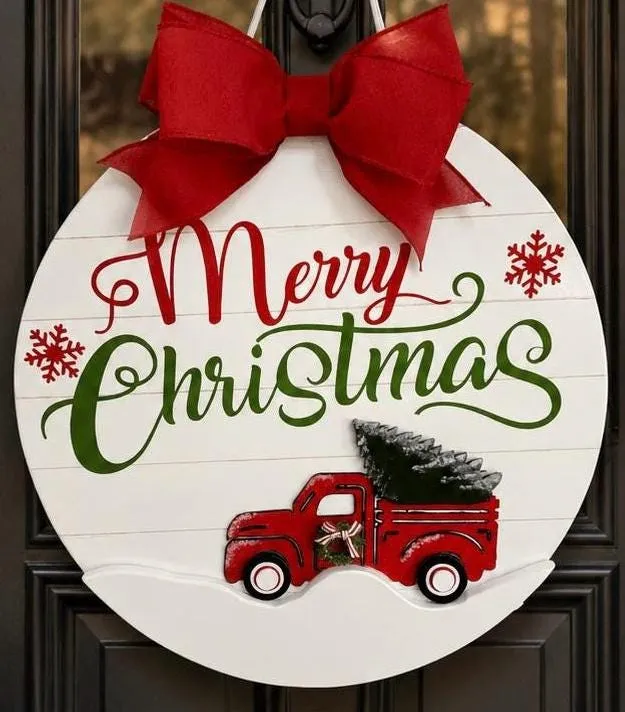 Merry Christmas Red Truck Door Hanger | Farmhouse Rustic Holiday Sign