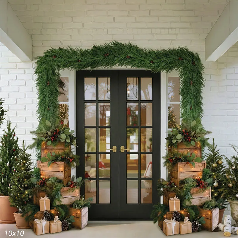 Midnight Porch - Black French Double Doors with Christmas Garland and Wooden Crate Plant Stacks Photo Backdrop