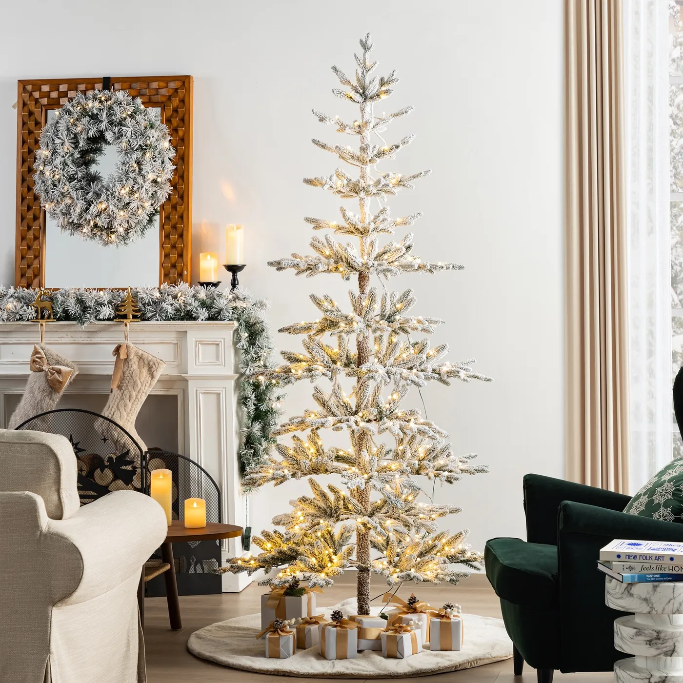 Modern Artificial Christmas Tree With Lights Glitzhome Modern 7' Pre-Lit  Slim Flocked Fir Artificial Christmas Tree With 400 Warm White Lights Green