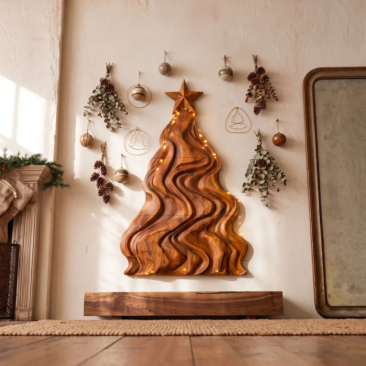 Modern Wooden Christmas Wall Decor With Flowing Cutout Design For Living Room