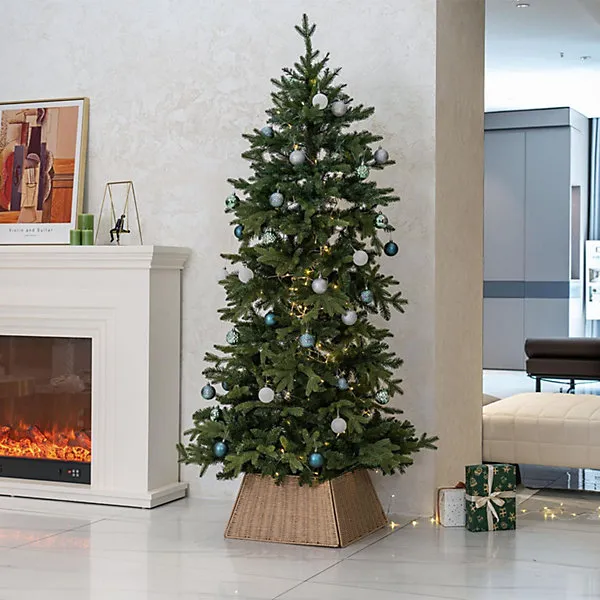 Natural Rattan Christmas Tree Skirt Large Square Wicker Base Cover Basket Rustic Xmas Collar for Modern