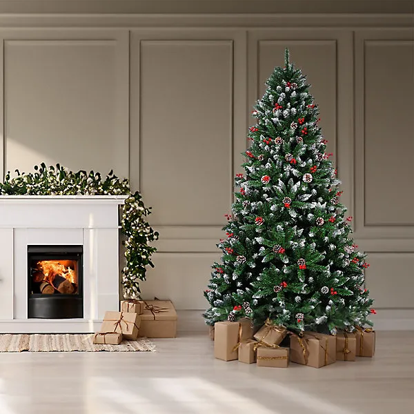 Neo 2.1 m 7 ft Christmas Xmas Tree Flocked Snowy Effect Fake Pine Cone Red  Berries