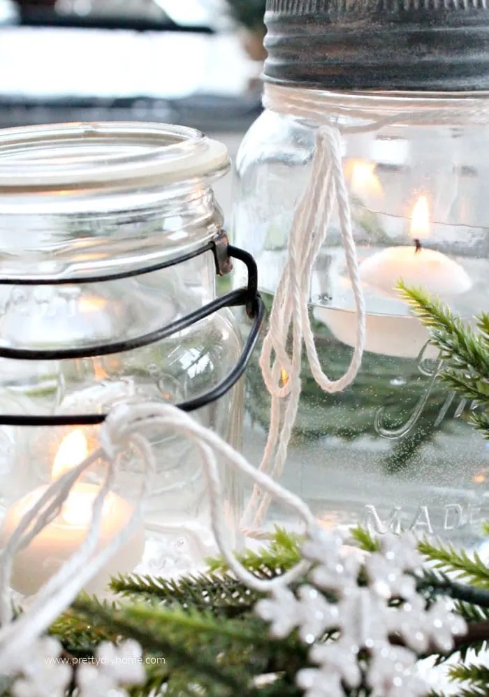 Neutral Christmas Table Centerpiece Using Vintage Mason Jars