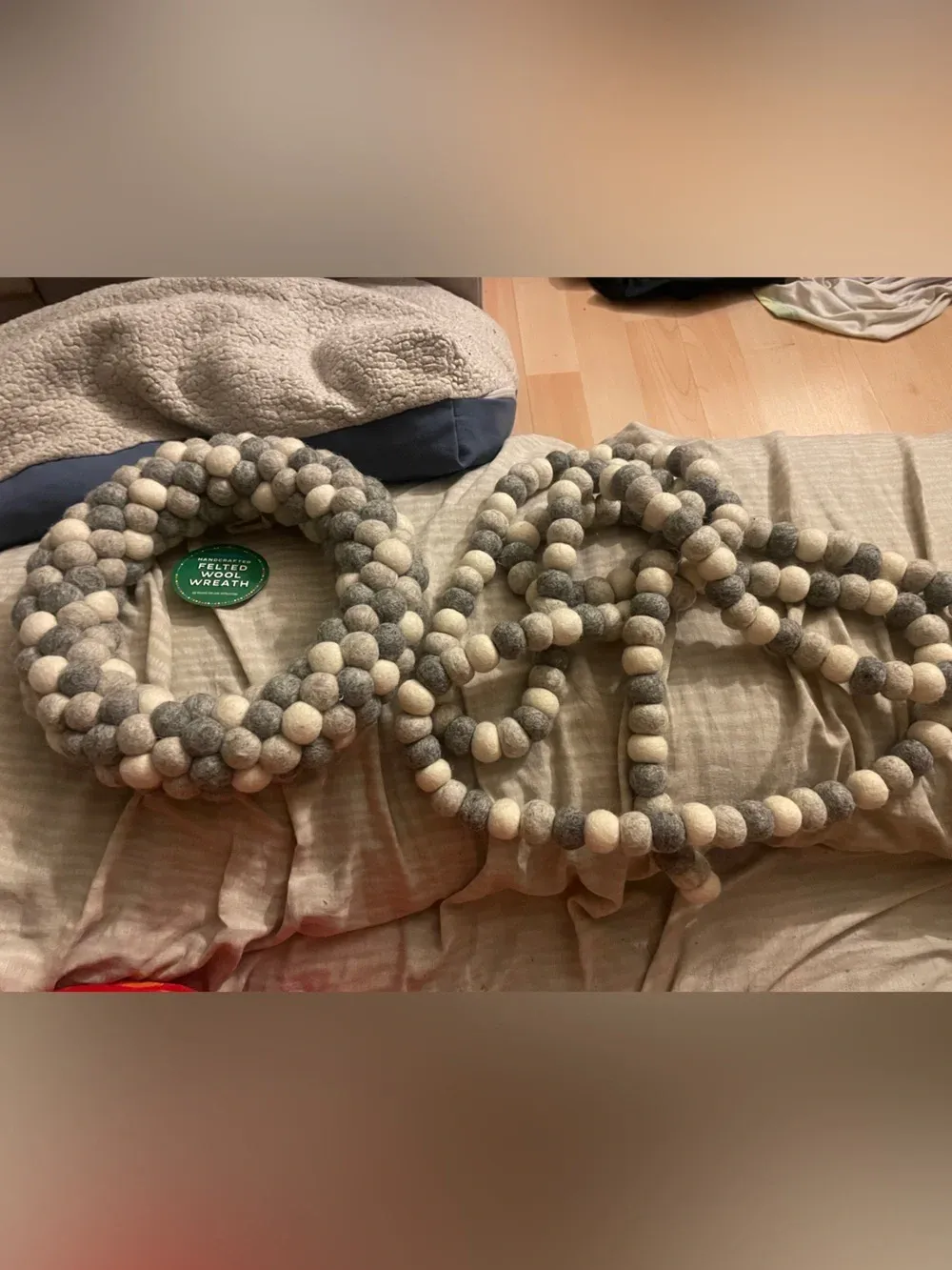 Neutral Gray & Cream Felt Ball Garland and Wreath Set - Home Wall Decor