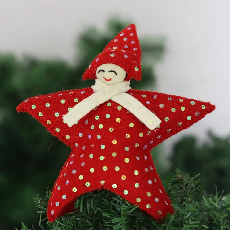 Novica Handmade Angel Face Wool Tree Topper - Red