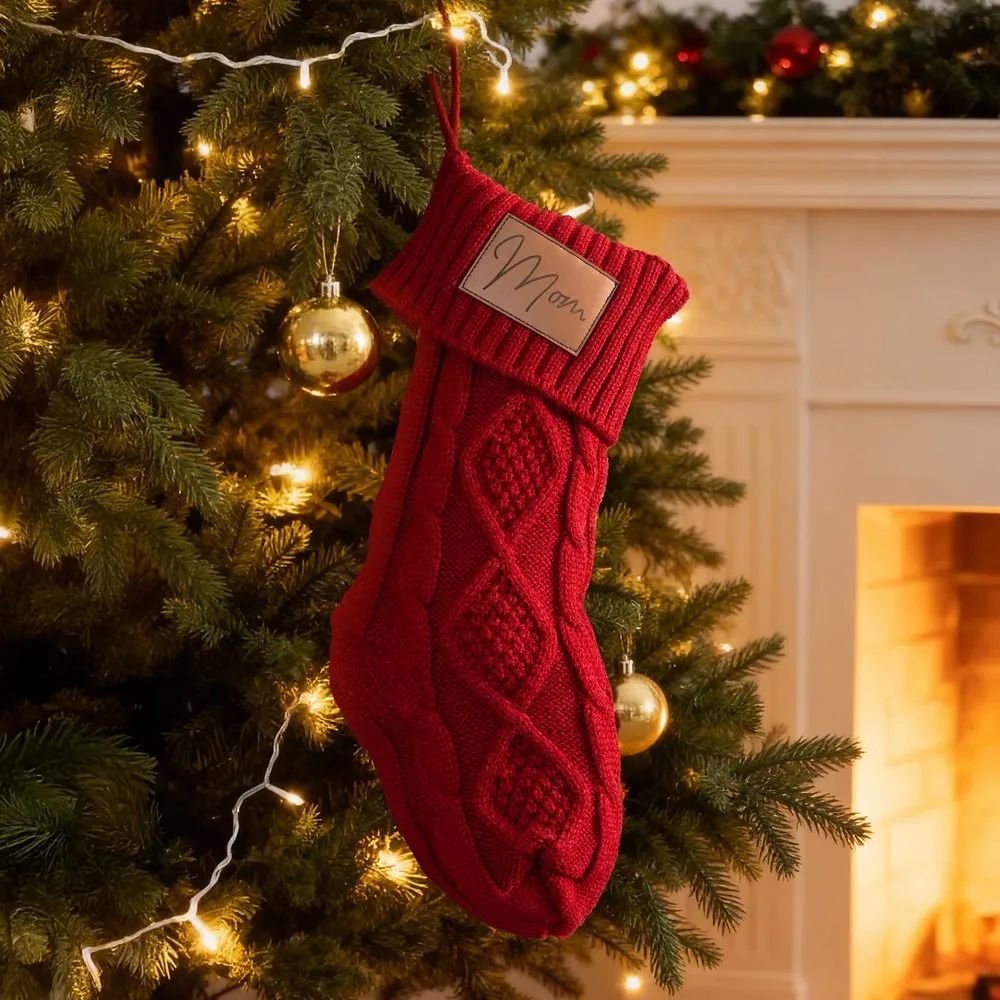 Personalized Rustic Leather Patch Knitted Christmas Stocking with Name  Fireplace Holiday Party Decor Festival Gift for Family Kids |Callie