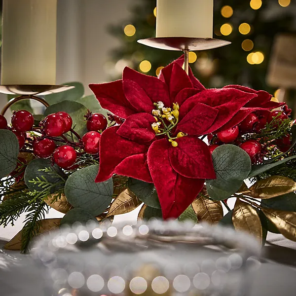 Poinsettia Heritage Triple Pillar Centrepiece Christmas Decoration Tealight Holder Candle Holder