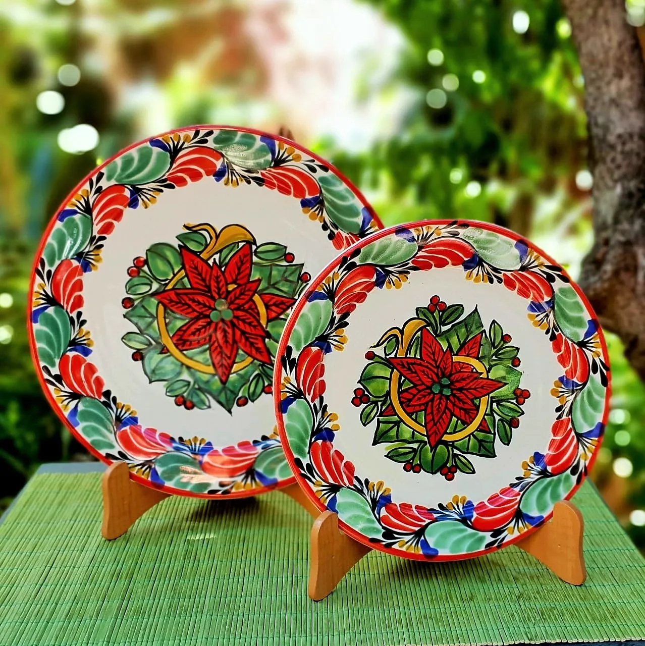 Poinsettia Plates handmade mexico handcrafts Christmas Traditions Noche Buena 8.7 and 7.5 in D - Salad and Dessert