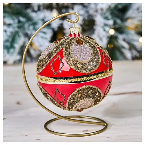 Polished red Christmas ball with glitter and beads, blown glass, 100 mm |  online sales on HOLYART.co.uk