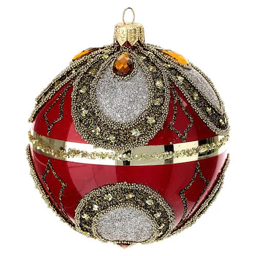 Polished red Christmas ball with glitter and beads, blown glass, 100 mm |  online sales on HOLYART.co.uk