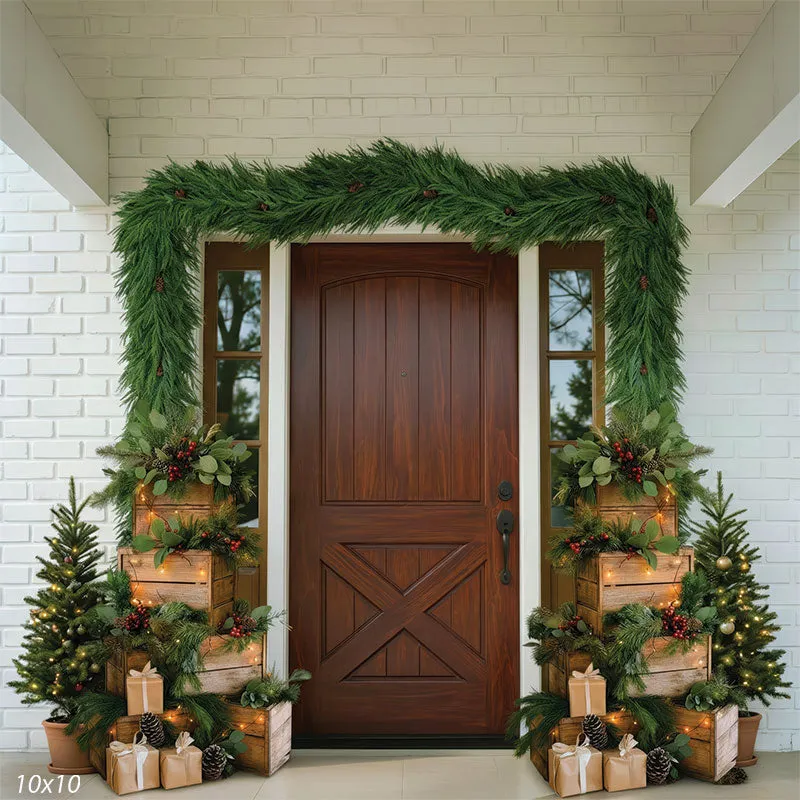 Porch Noel - Dark Wood Farmhouse Door with Christmas Garlands, Side Windows, and Wooden Crate Stacks Photo Backdrop