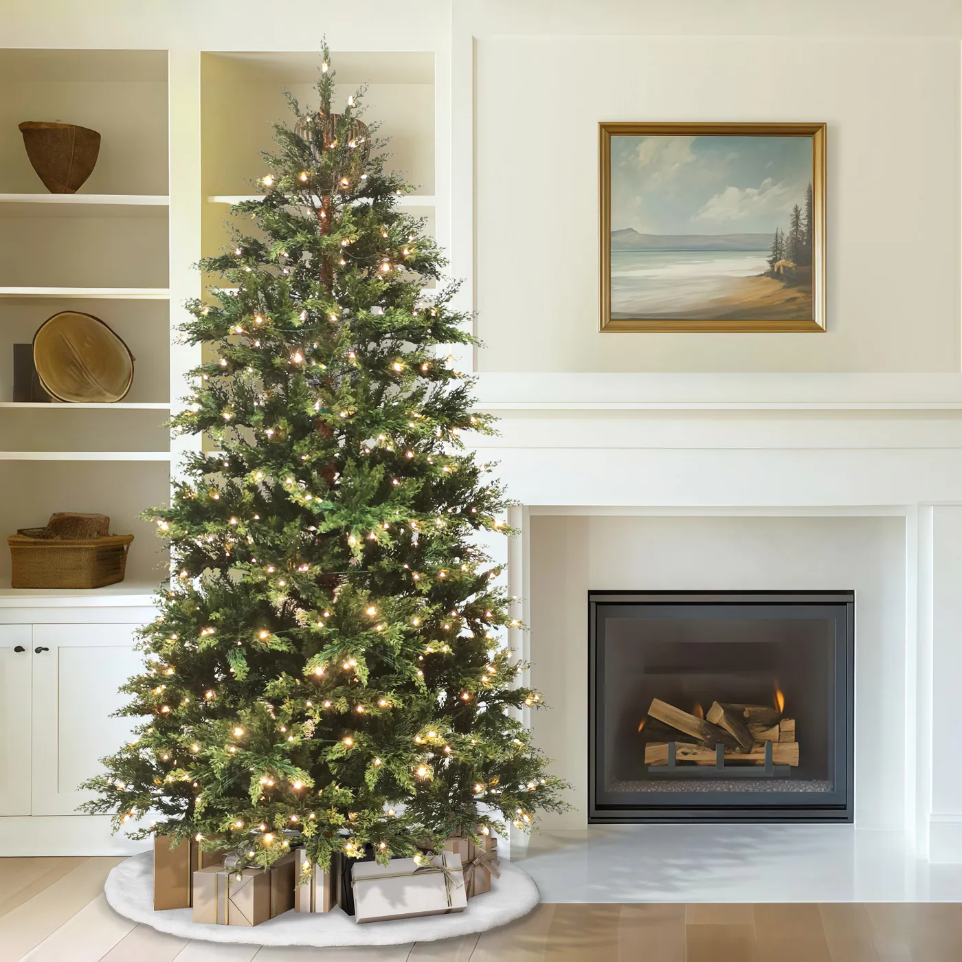 Puleo International 7.5' Pre-Lit Classic Cedar Artificial Christmas Tree with 1328 Memory Wire Tips and a Sure-Lit Pole - Green