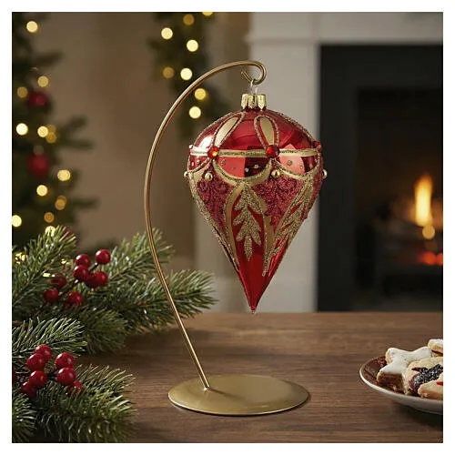 Red drop-shaped Christmas ball, gold decorations, blown glass, 3 in | online sales on HOLYART.co.uk