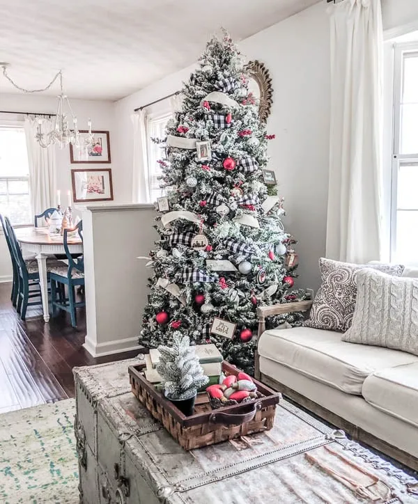 Red Farmhouse Christmas Tree Crimson, Wood, And White Christmas Tree Little Glass Jar