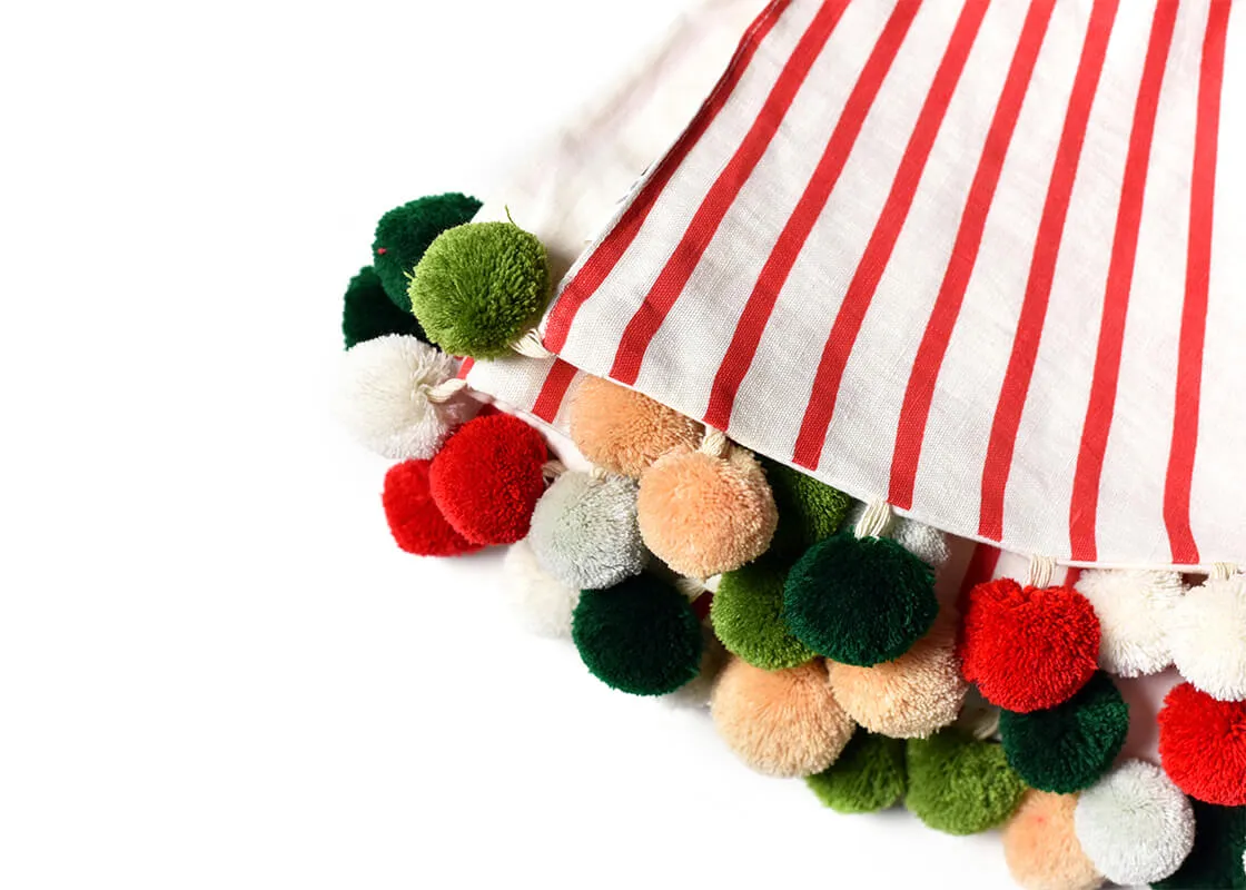 Red Stripe Christmas Tree Skirt with Pom Poms | Coton Colors