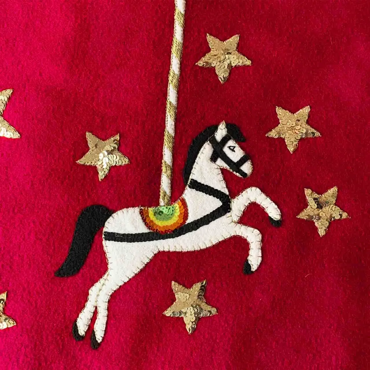 Red Wool Carousel Horses Christmas Tree Skirt | Jan Constantine