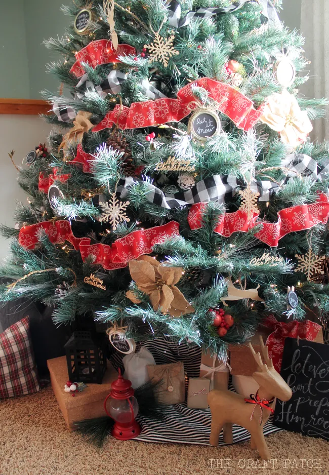 Rustic Red, Black, Burlap and Buffalo Check Christmas Tree