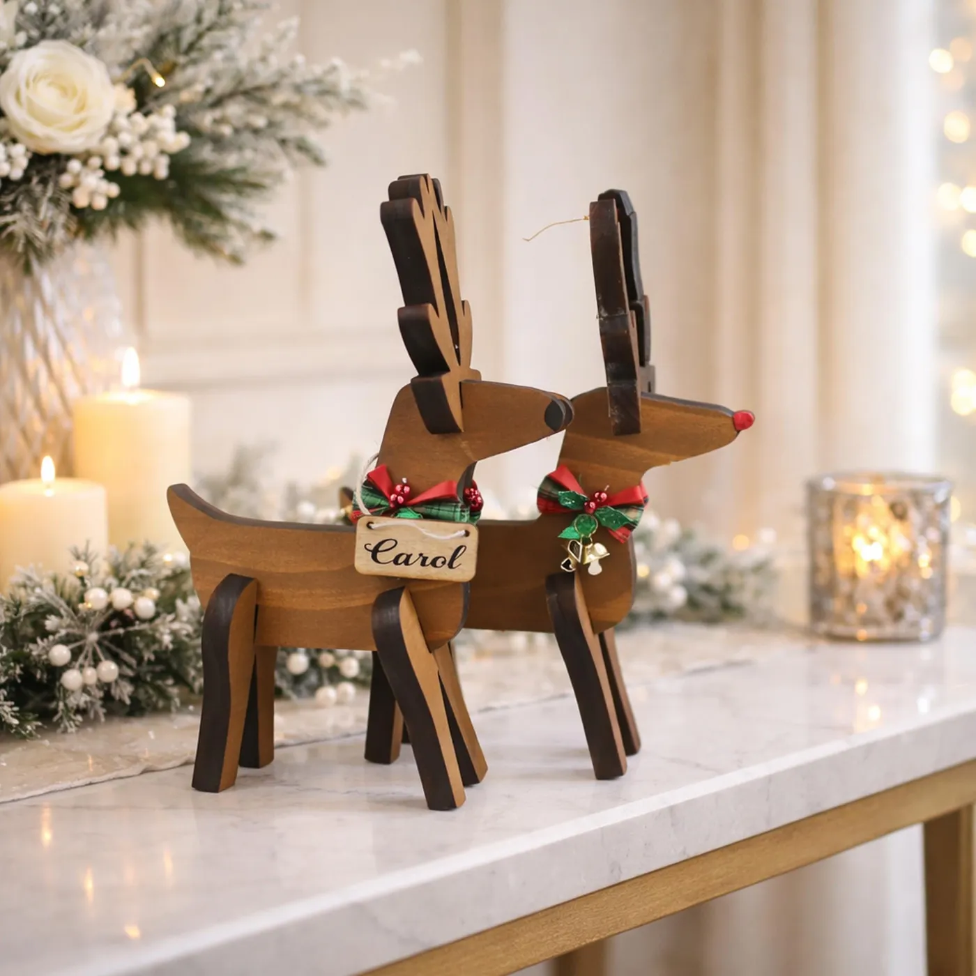 Rustic Wooden Christmas Reindeer Set of 2, Modern Farmhouse Decor, Antique  White or Brown, Fireplace Mantel Decoration, Tabletop Centerpiece