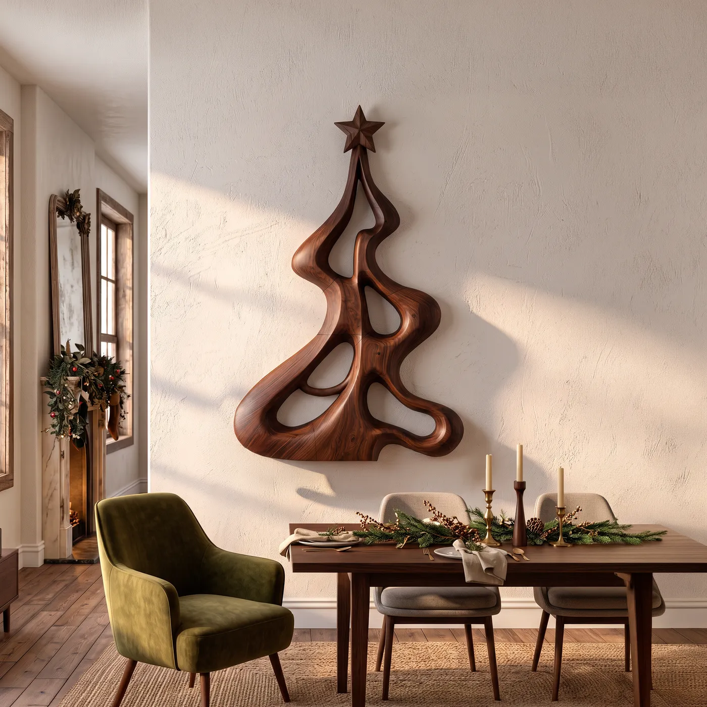Rustic Xmas Seasonal Wall Decor With Carved Tree Silhouette For Dining