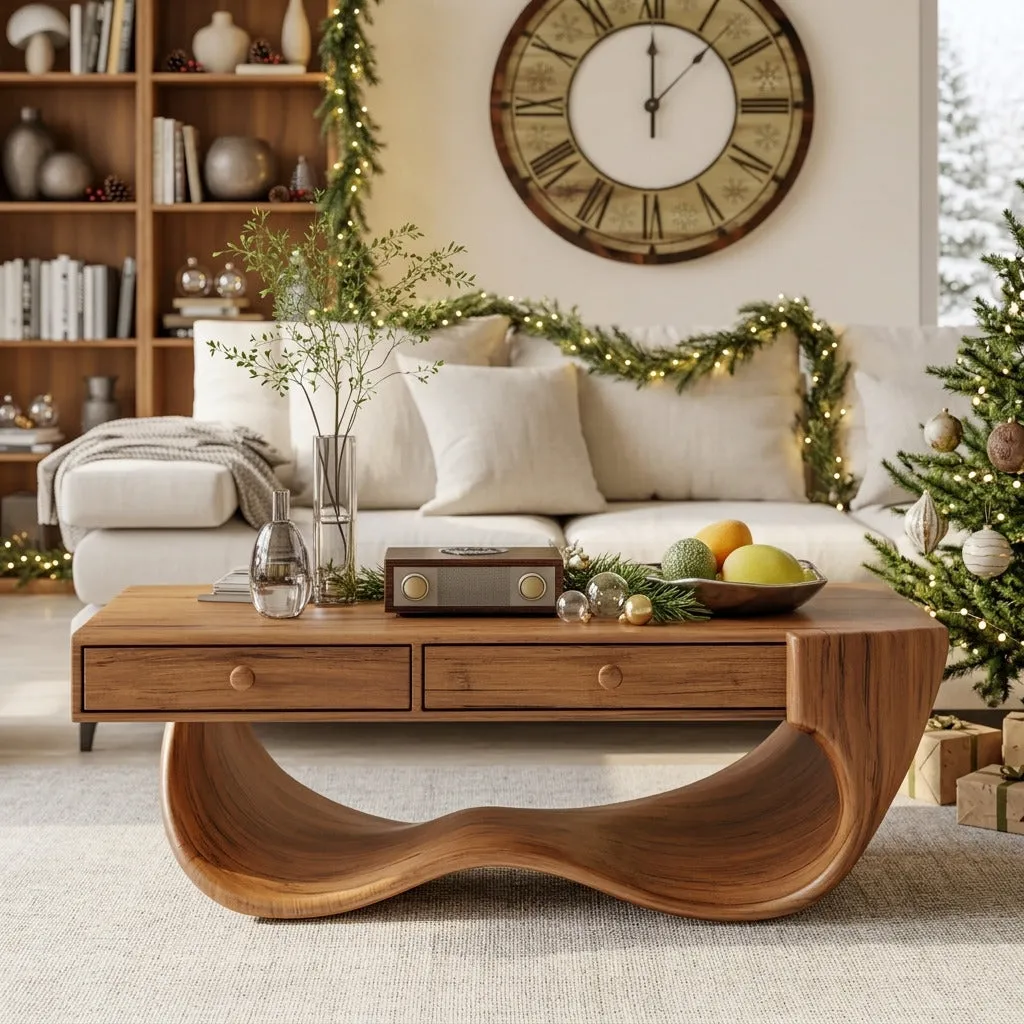 Sculptural Solid Wood Christmas Wave Coffee Table