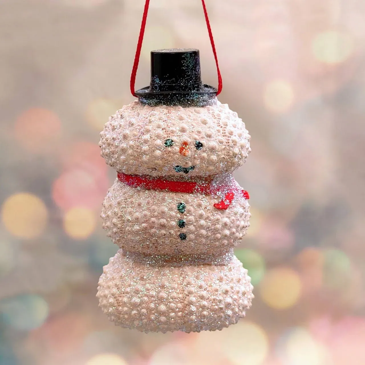 Sea Urchin Snowman Ornament Pink Glitter (1 snowman approx. 3+ inches) Pink  Christmas Sea Urchin Decoration for seashell holiday gift joy!