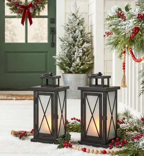 Set of 2 LED Fire Flame Metal and Glass Lanterns