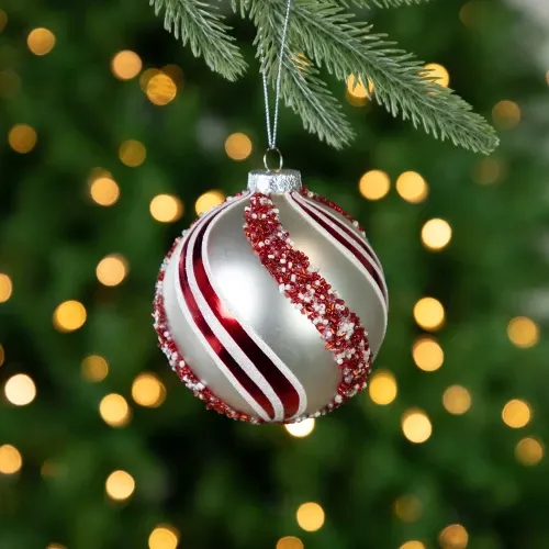 Set of 2 Silver with Red Glitter & Beads Striped Glass Christmas Ball  Ornaments 4' | Christmas