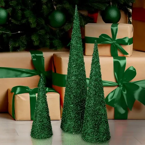 Set of 3 Green Glitter Sequin & Bead Cone Christmas Trees 2' | Christmas