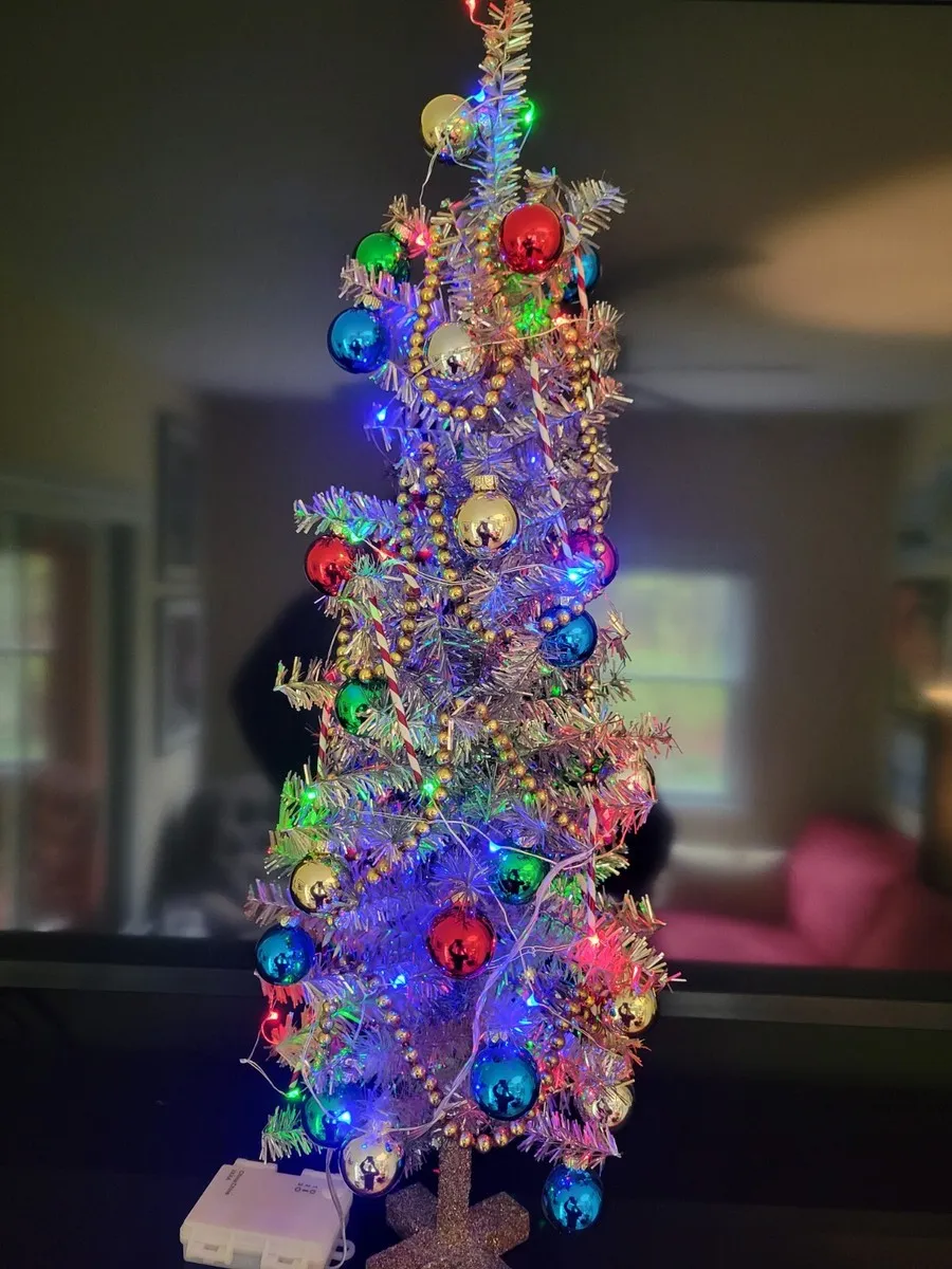 Silver Tinsel Christmas Tree Tabletop 24 in Vintage Style MCM with ornaments | eBay