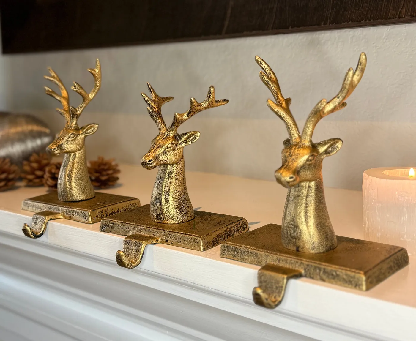 Solid Cast Iron Rustic Elegance Gold Reindeer Christmas Stocking Holde - Richards Expo
