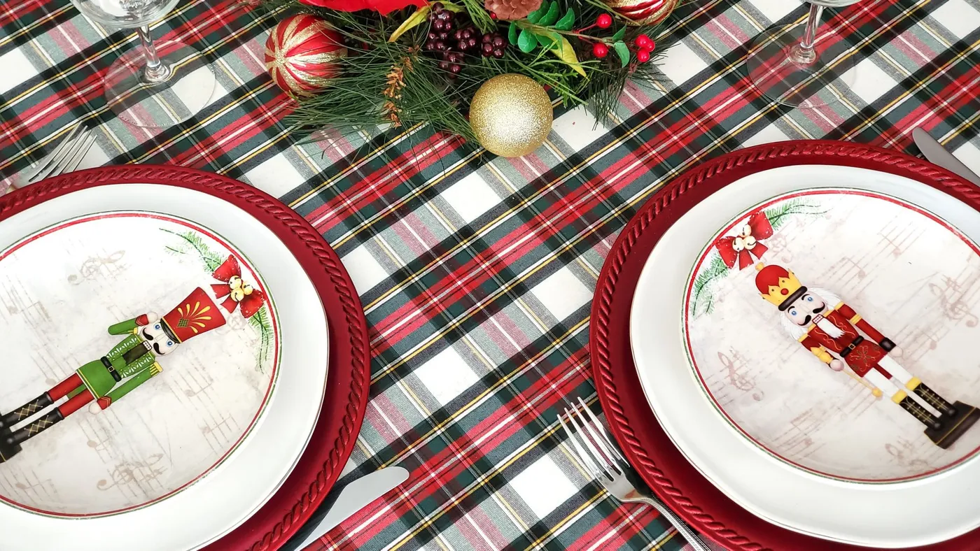 Tartan 90 In Round Christmas Tablecloth Classic Tartan With Shimmering Thread Tablecloth Christmas Collection Simons Maison