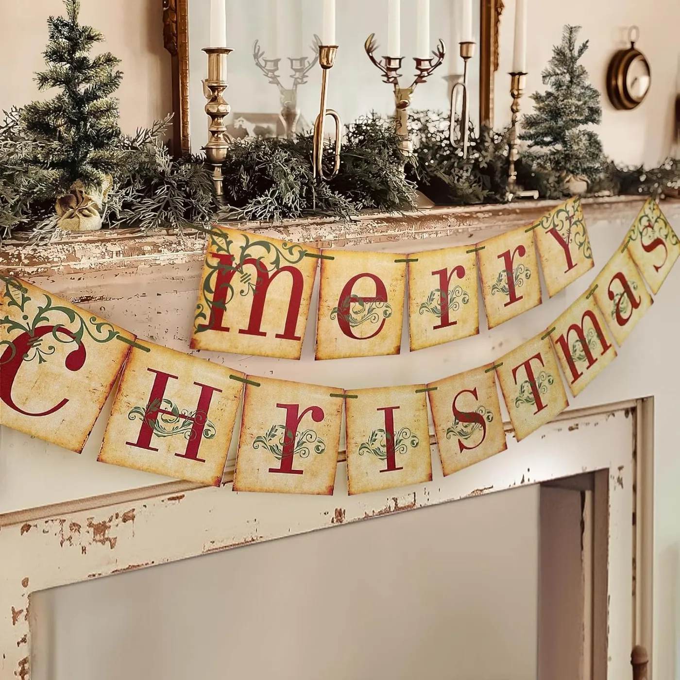 The Holiday Aisle® Christmas Decorations - Vintage Merry Christmas Banner - Retro Nostalgic Traditional Old Fashioned Victorian Xmas Holiday Decor For Indoor Home Office Fireplace Mantle Farmhouse -