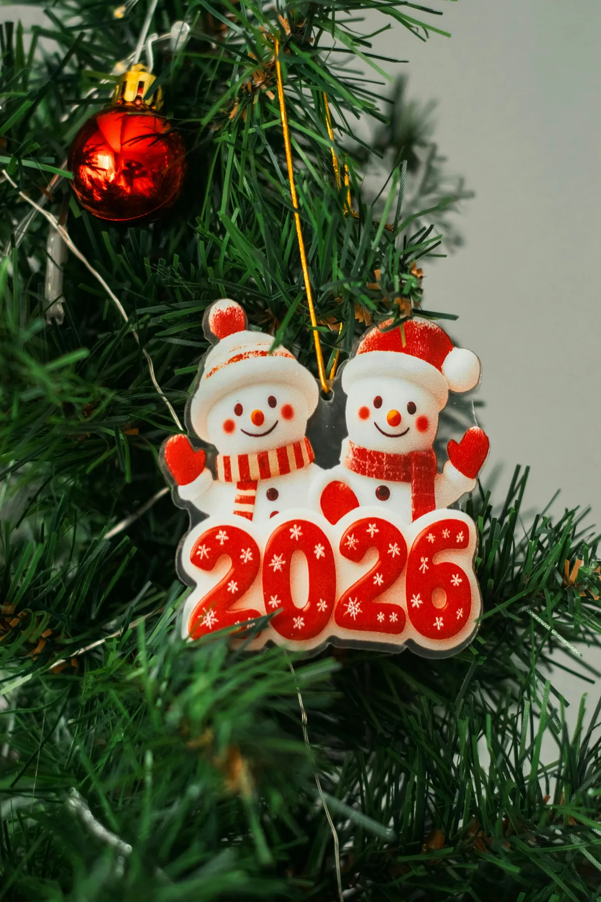 Two snowmen ornaments with the year 2026