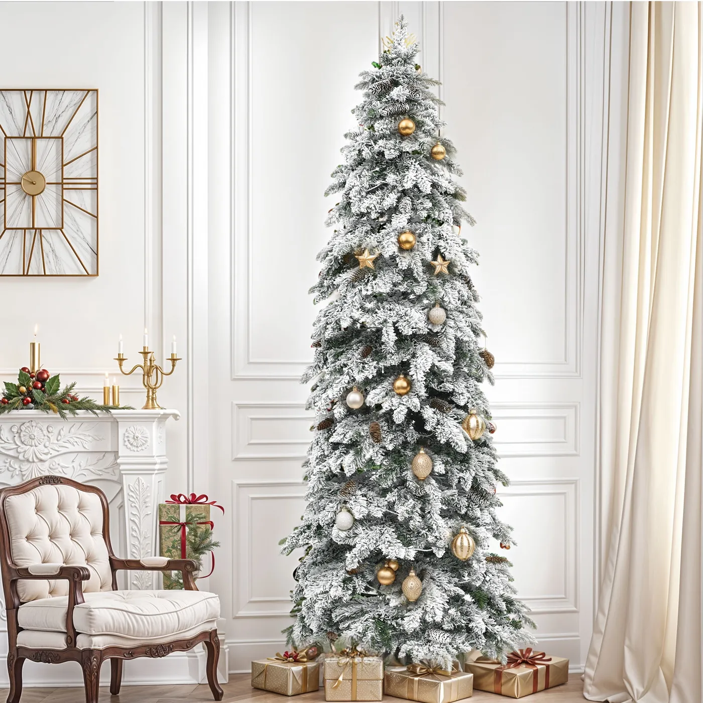 Uforic 11ft Pre-lit Flocked Pencil Spruce Christmas Tree with 2288 Branch Tips,700 Lights,72 Pine cones, Remote Control, 11 Light Modes, White Flocked