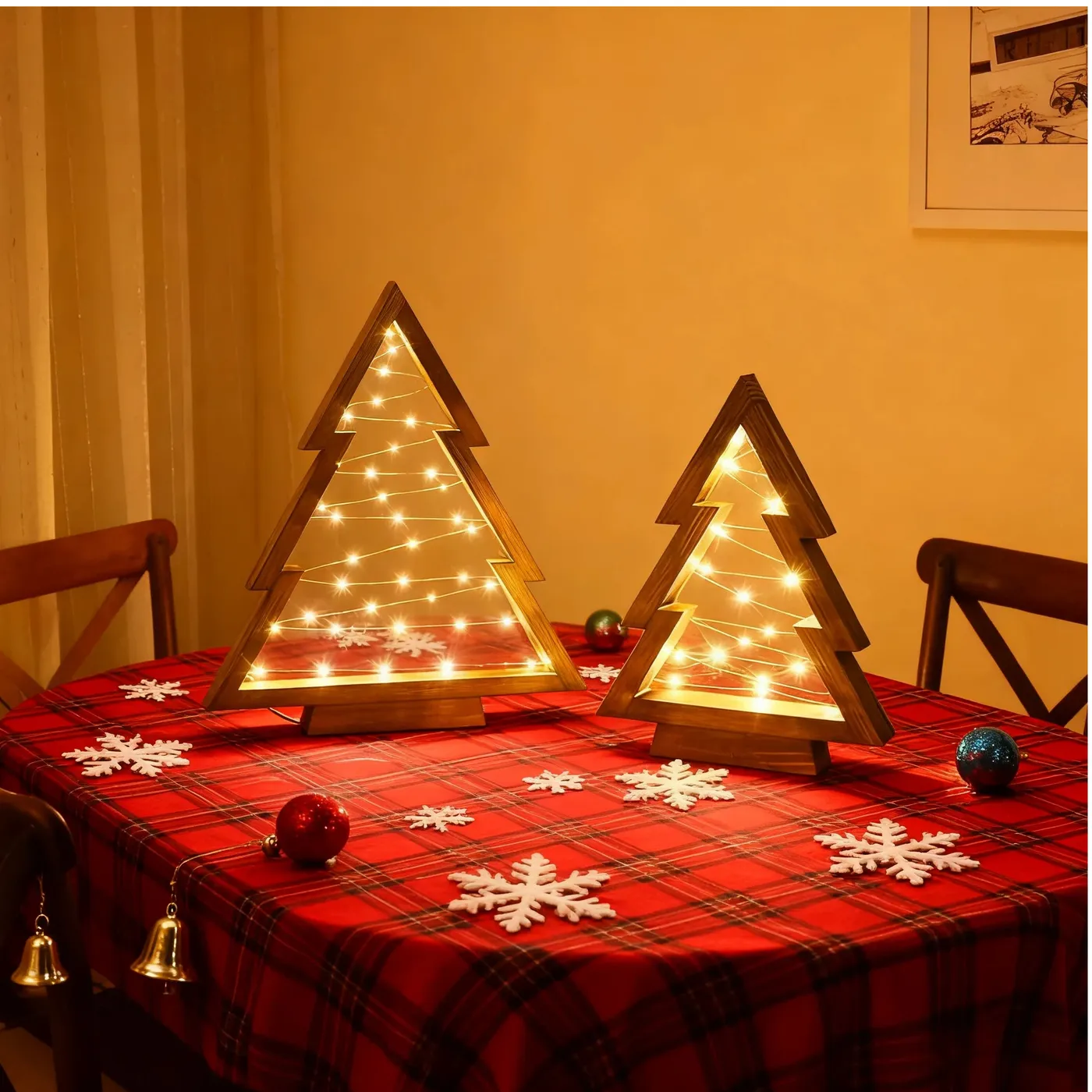 Under 50 Dollars! 2Pcs Christmas Tree Gold LED Wooden Light, Modern Farmhouse Tabletop Christmas Decor, Table