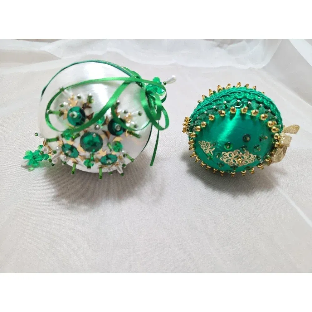 Unique White‎ and Green Beaded Ornament - Intricate Vintage Christmas