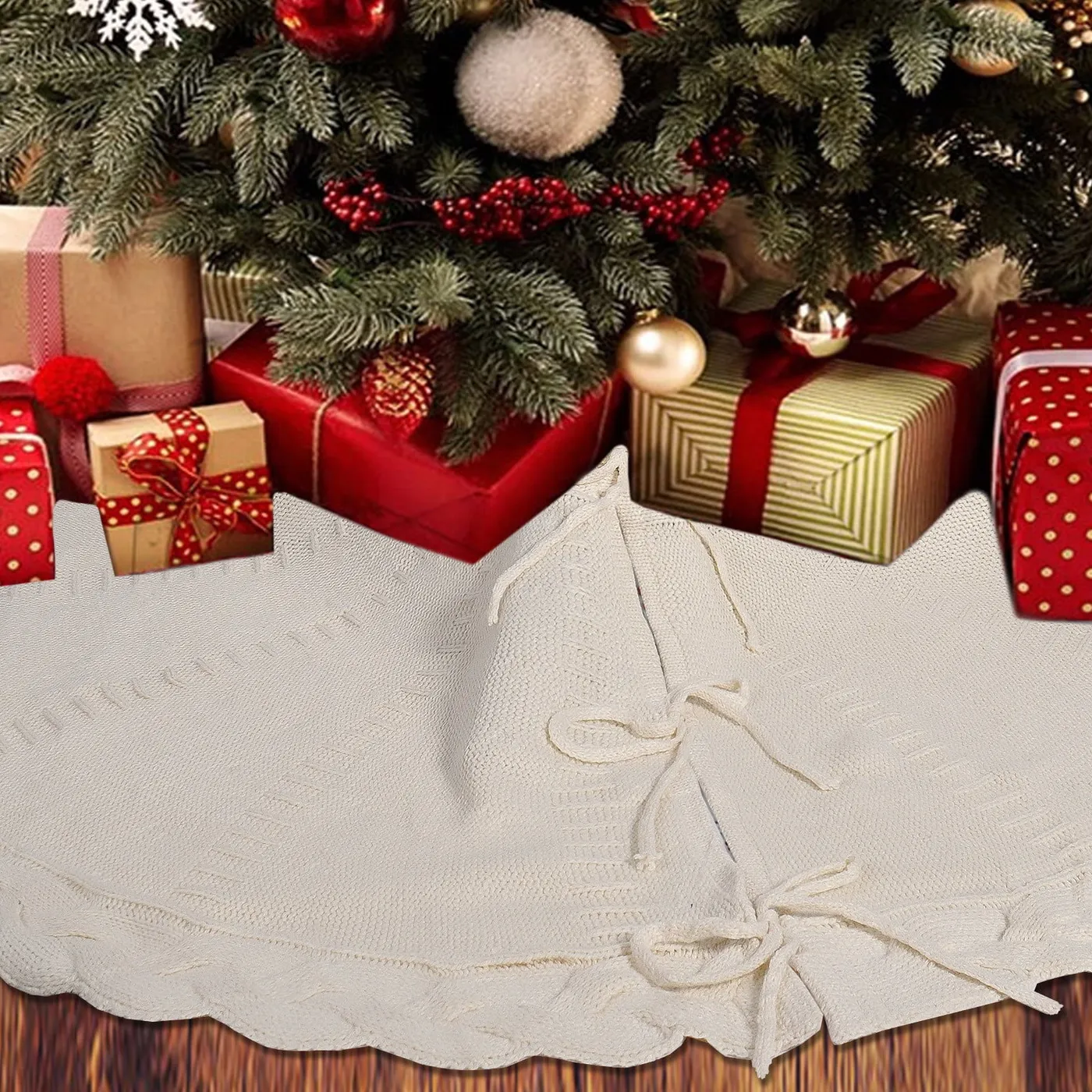 UsTZtai Knitted Christmas Tree Skirt, Red Cable Knit Tree Apron for 4-6ft Xmas Tree, Holiday Decorations