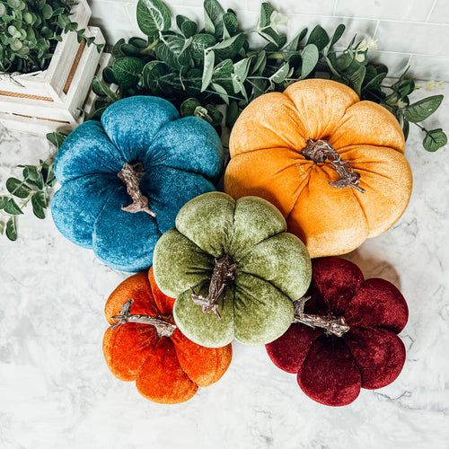 Velvet Pumpkins - Plush Fall Tabletop Decor, Mini Velvet Pumpkins for Mantel - 5pk