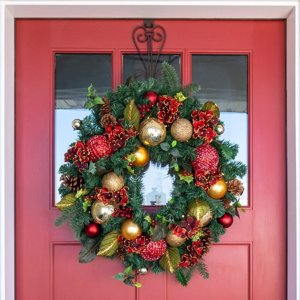 Village Lighting 30 in. Scarlet Hydrangea Pre-Lit LED Wreath