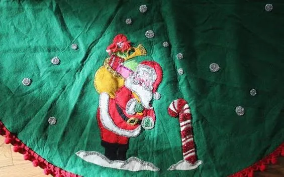 Vintage 1960's Santa Claus Fringe Ball, Felt & Sequin Tree Skirt cartoon |  #1850637220