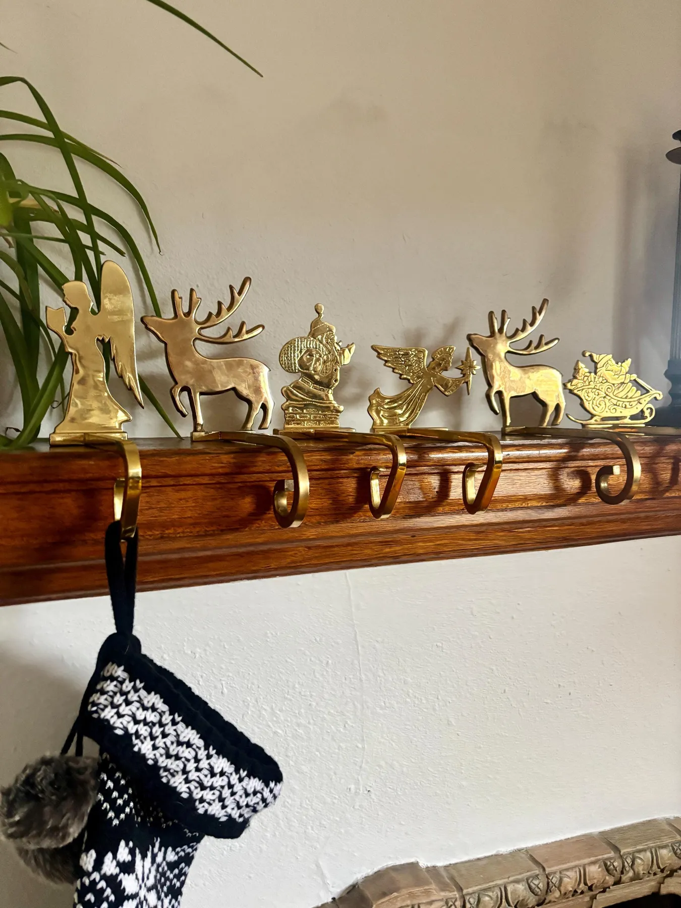 Vintage Brass Reindeer Christmas Stocking Holder Mantle Hook Holiday Decor