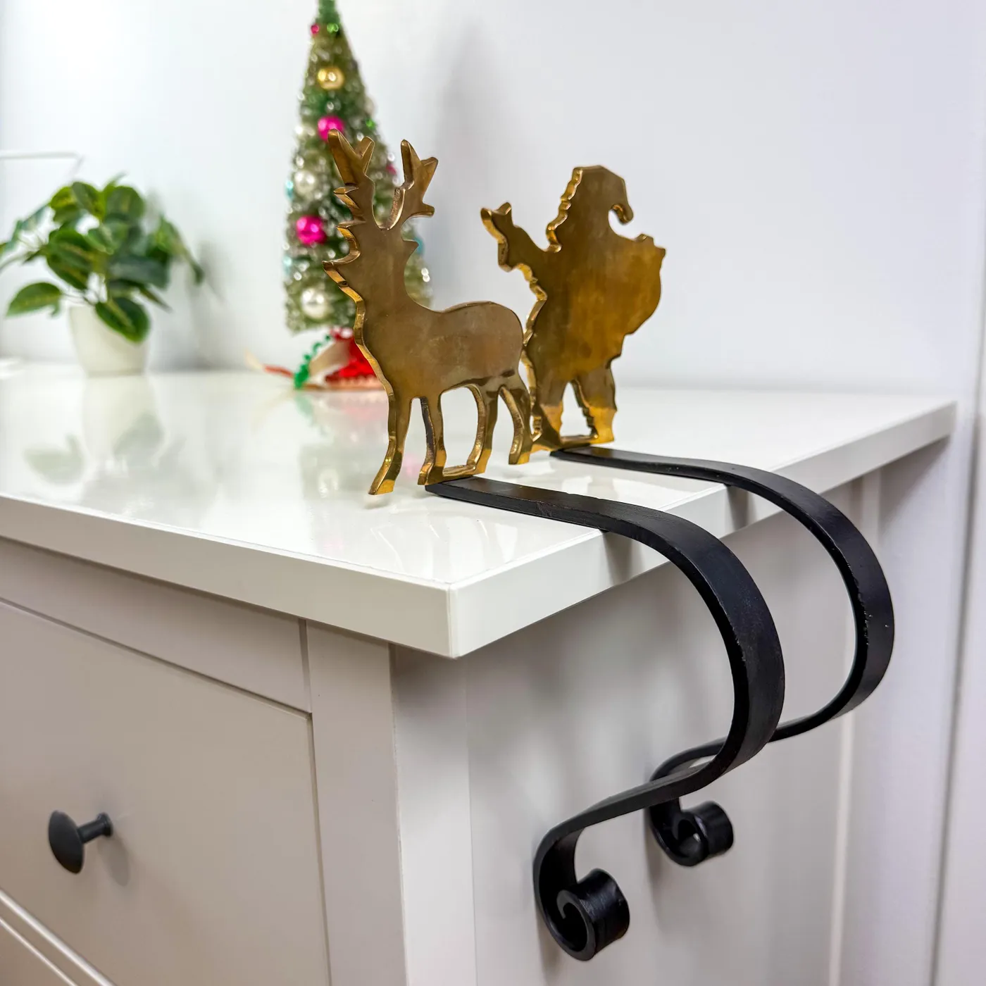 Vintage Brass Reindeer Christmas Stocking Holder Mantle Hook Holiday Decor