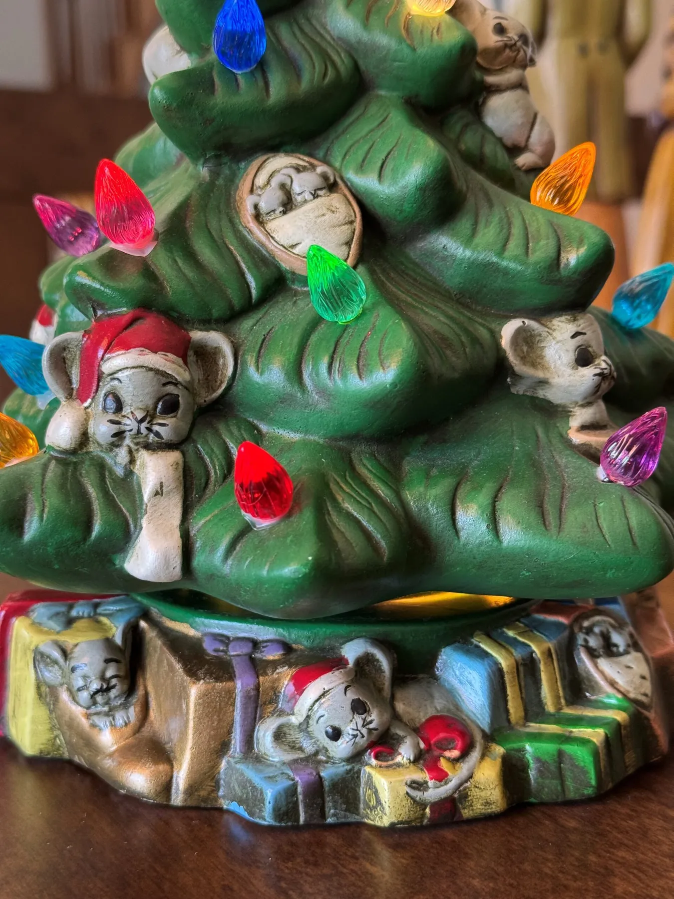 Vintage Ceramic Christmas Tree with Mice – Lighted Holiday Decor Set – Sage & Hollis