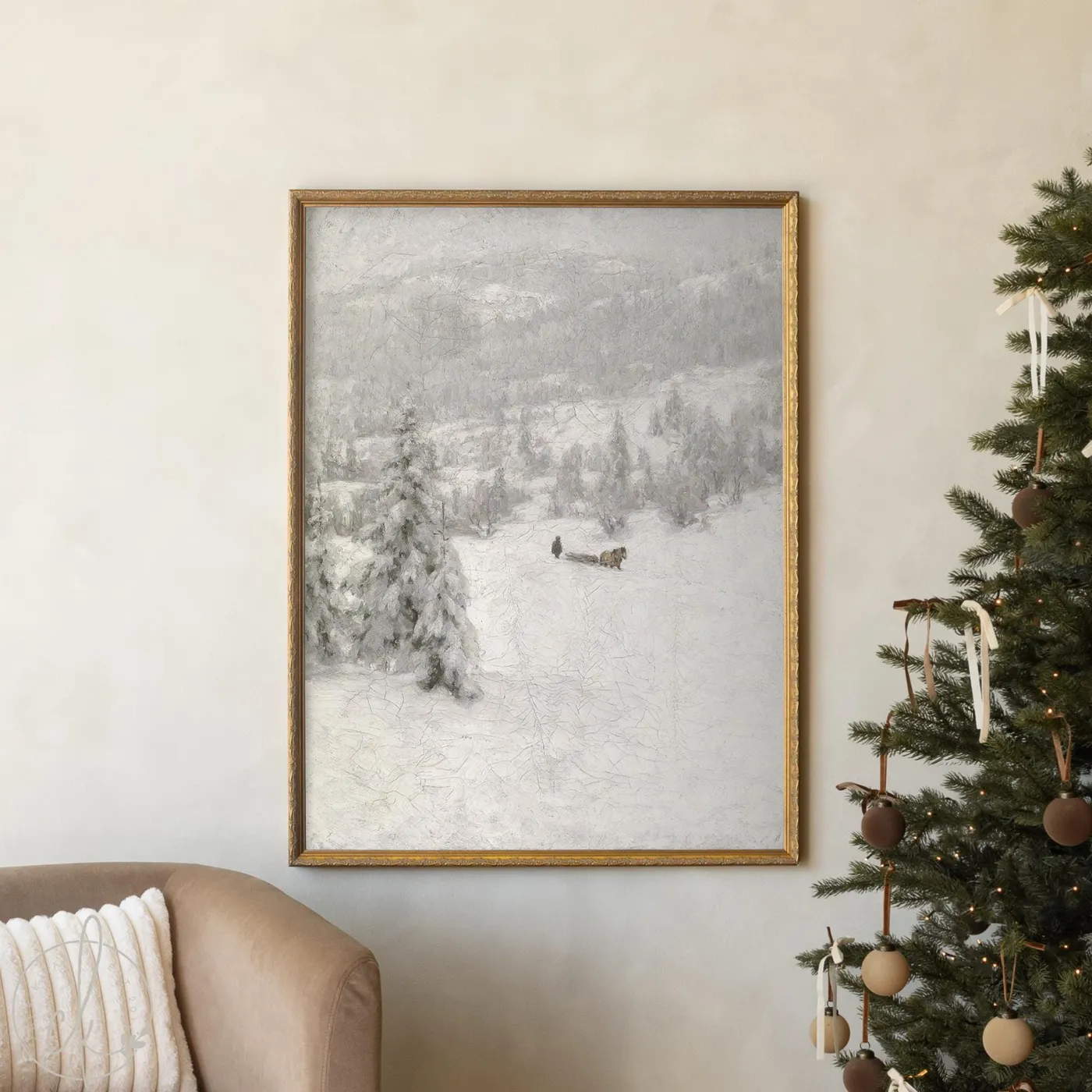 Vintage Christmas Wall Decor | Framed Snowy Landscape Painting Briarwood / 24 x 36