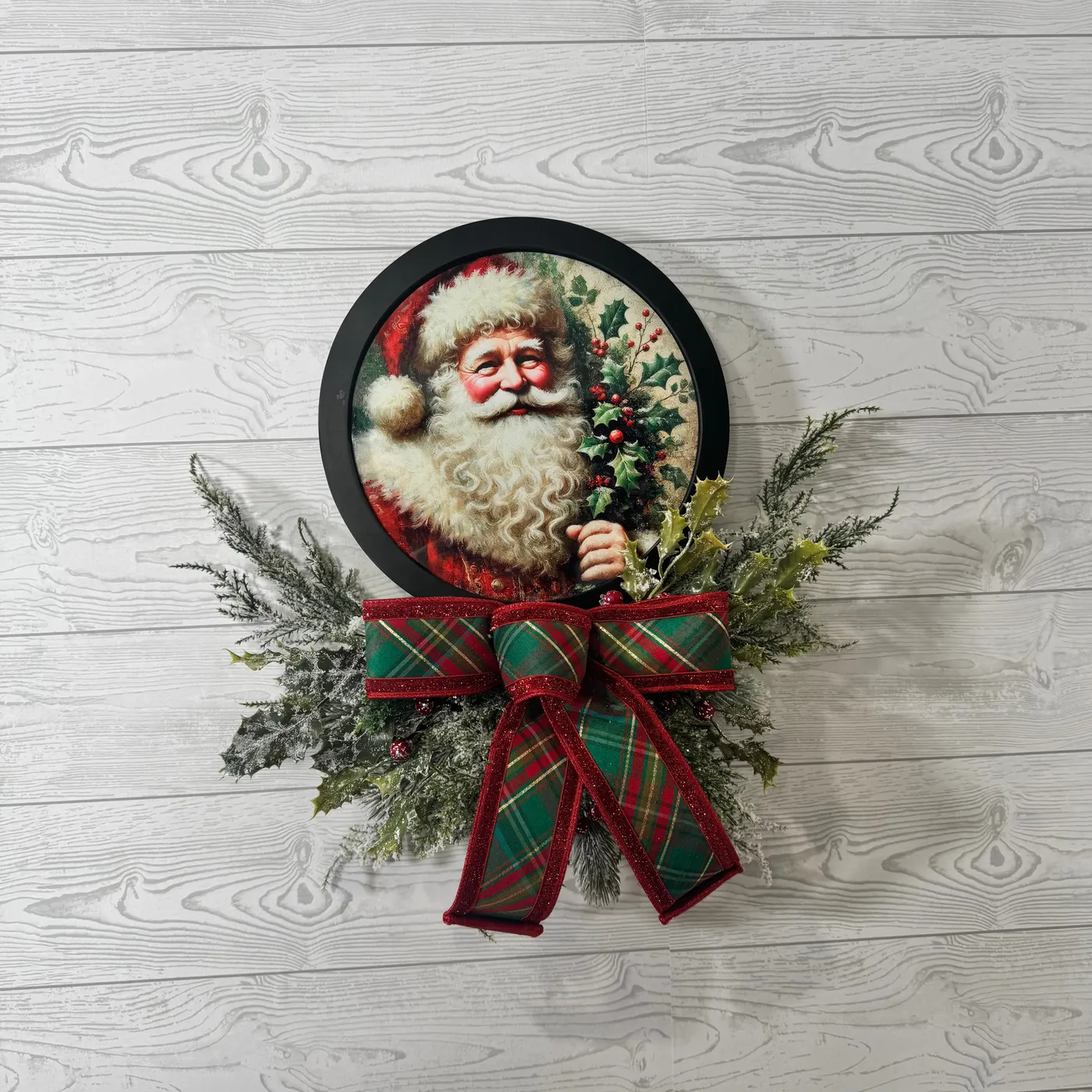 Vintage Santa Wall Decor with Winter Greenery and Plaid Christmas Bow,