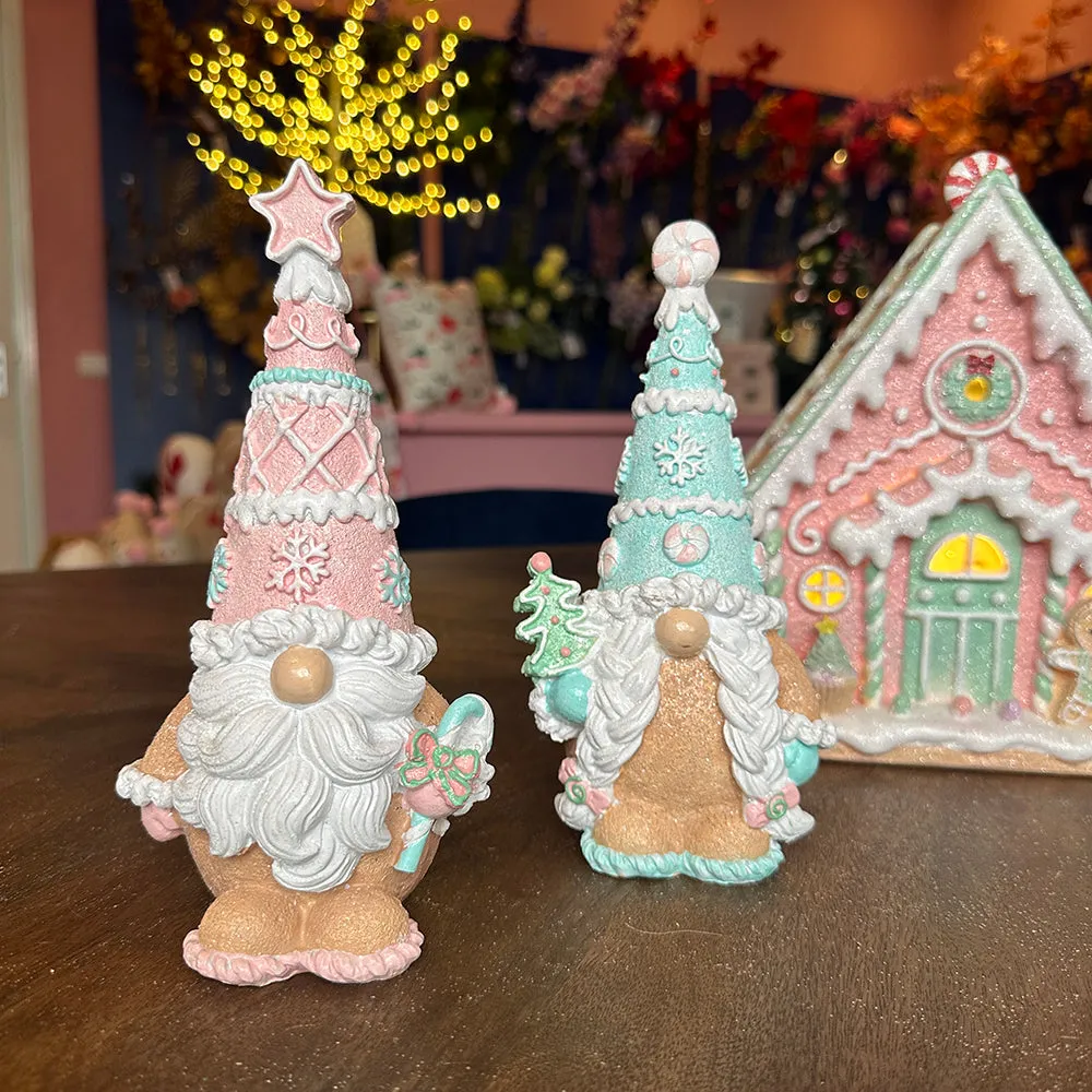 Viv! Christmas Tabletop Figure - Gingerbread Gnomes with Candy - Set of 2 -  Pastel - Pink Blue - 20cm