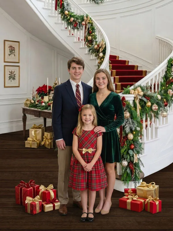 White Staircase Red Carpet Christmas Garland Backdrop - Denny Mfg